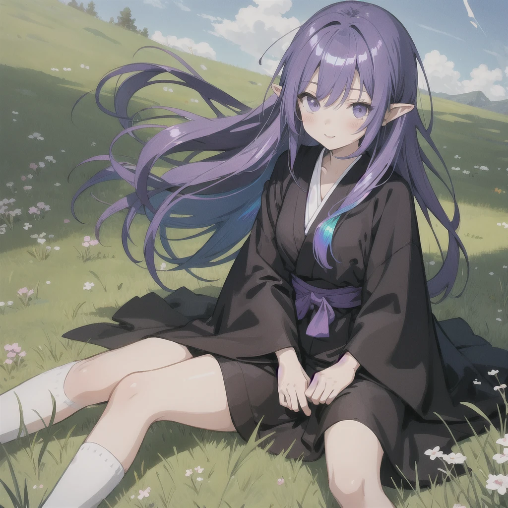 anime girl long purple hair wearing a black Robe. she has pointy ears.  Manga kawaii. iridescent ,An illustration, 0ne person .Sitting in the grass, hair blowing in the wind