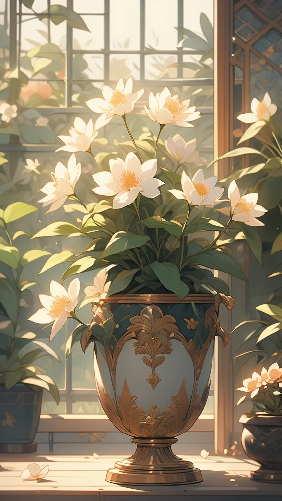 extremely delicate and beautiful, Amazing, finely detail, masterpiece, ultra-detailed, highres,best illustration, best shadow,intricate,sharp focus, high quality, 1male, solo, blond hair. red eyes, kaveh genshin impact, glass greenhouse, flowers in pots, flowers for sale, man looking at flowers, flowers everywhere