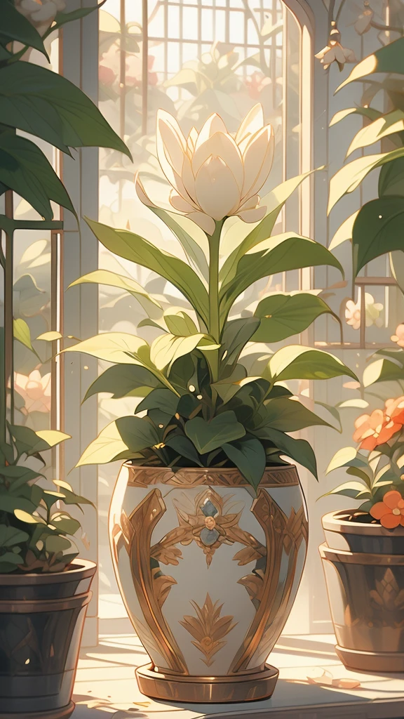 extremely delicate and beautiful, Amazing, finely detail, masterpiece, ultra-detailed, highres,best illustration, best shadow,intricate,sharp focus,  high quality, 1male, solo, blond hair. red eyes, kaveh genshin impact, glass greenhouse, flowers in pots, flowers for sale, man looking at flowers, flowers everywhere