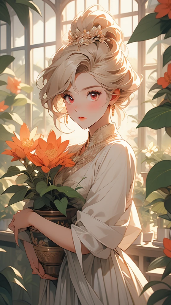 extremely delicate and beautiful, Amazing, finely detail, masterpiece, ultra-detailed, highres,best illustration, best shadow,intricate,sharp focus,  high quality, 1male, solo, blond hair. red eyes, kaveh genshin impact, glass greenhouse, flowers in pots, flowers for sale, man looking at flowers, flowers everywhere