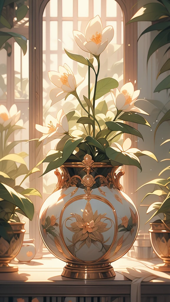 extremely delicate and beautiful, Amazing, finely detail, masterpiece, ultra-detailed, highres,best illustration, best shadow,intricate,sharp focus,  high quality, 1male, solo, blond hair. red eyes, kaveh genshin impact, glass greenhouse, flowers in pots, flowers for sale, man looking at flowers, flowers everywhere