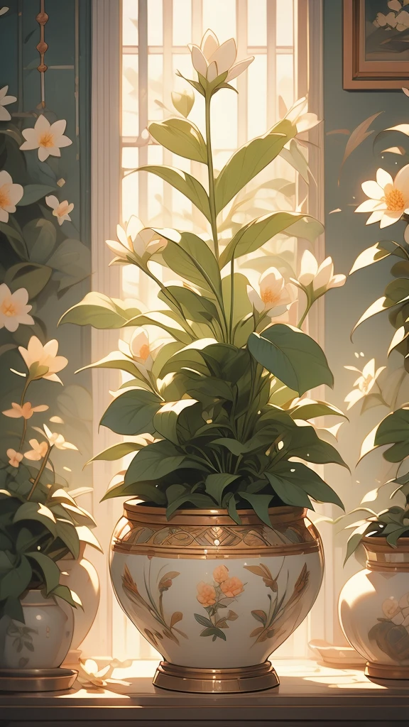 extremely delicate and beautiful, Amazing, finely detail, masterpiece, ultra-detailed, highres,best illustration, best shadow,intricate,sharp focus,  high quality, 1male, solo, blond hair. red eyes, kaveh genshin impact, glass greenhouse, flowers in pots, flowers for sale, man looking at flowers, flowers everywhere