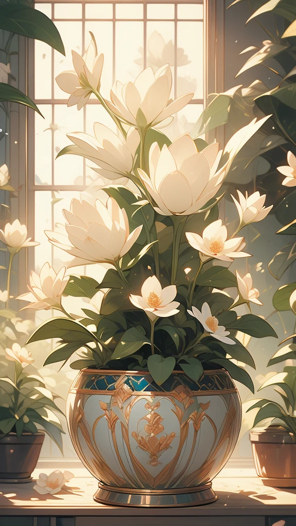 extremely delicate and beautiful, Amazing, finely detail, masterpiece, ultra-detailed, highres,best illustration, best shadow,intricate,sharp focus, high quality, 1male, solo, blond hair. red eyes, kaveh genshin impact, glass greenhouse, flowers in pots, flowers for sale, man looking at flowers, flowers everywhere