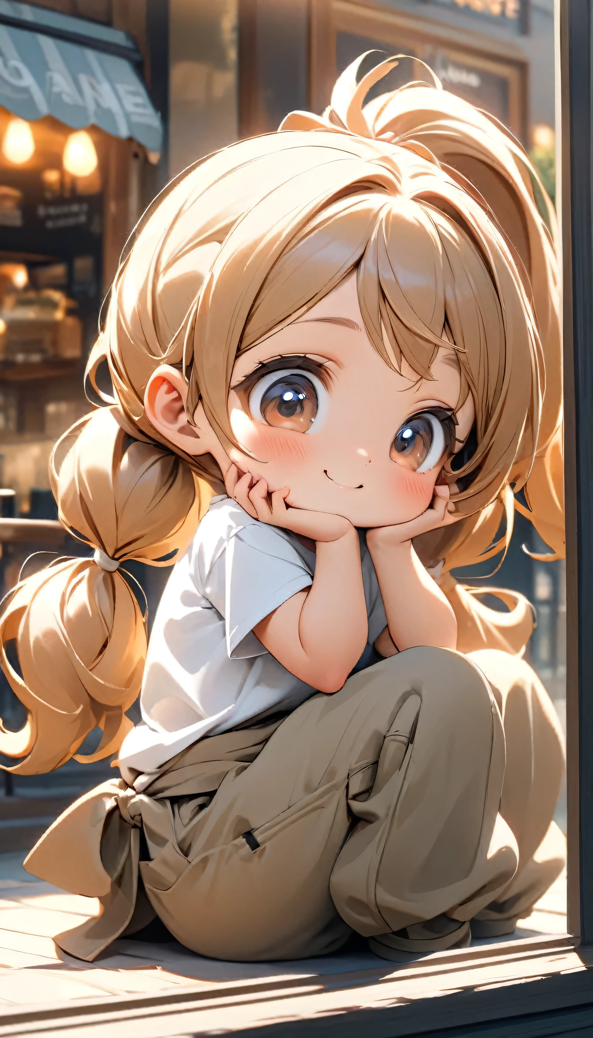 One is tied with two ponytails,Cute little girl, Short white T-shirt, Khaki baggy pants, Sitting by the window of the cafe, Hold your cheek with one hand, Tilt your head and look at people with a smile.Close-up of character( Perfect anatomical structure ) Beautiful and extremely fine texture，detailed, bright, Animation style high definition and high quality presentation