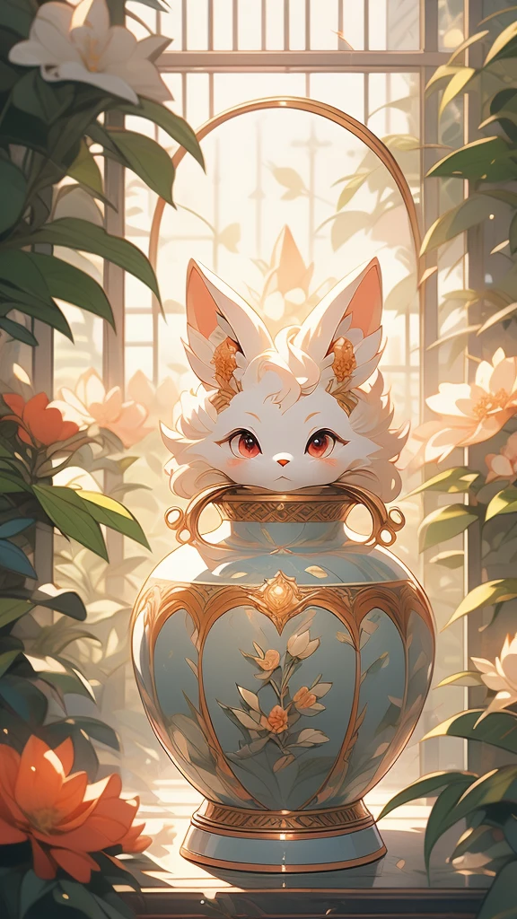 extremely delicate and beautiful, Amazing, finely detail, masterpiece, ultra-detailed, highres,best illustration, best shadow,intricate,sharp focus,  high quality, 1male, solo, blond hair. red eyes, kaveh genshin impact, glass greenhouse, flowers in pots, flowers for sale, man looking at flowers, flowers everywhere