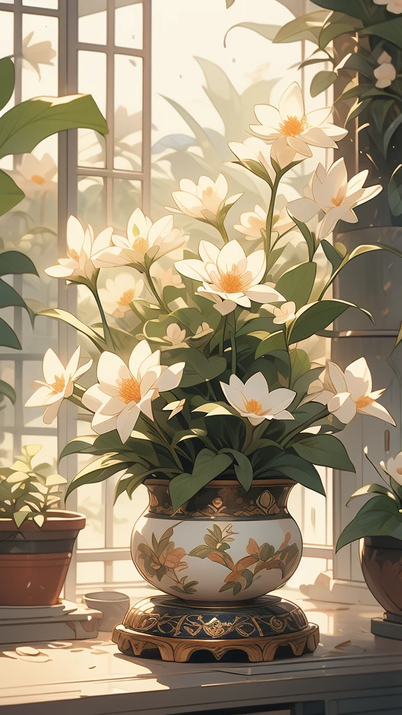 extremely delicate and beautiful, Amazing, finely detail, masterpiece, ultra-detailed, highres,best illustration, best shadow,intricate,sharp focus,  high quality, 1male, solo, blond hair. red eyes, kaveh genshin impact, glass greenhouse, flowers in pots, flowers for sale, man looking at flowers, flowers everywhere