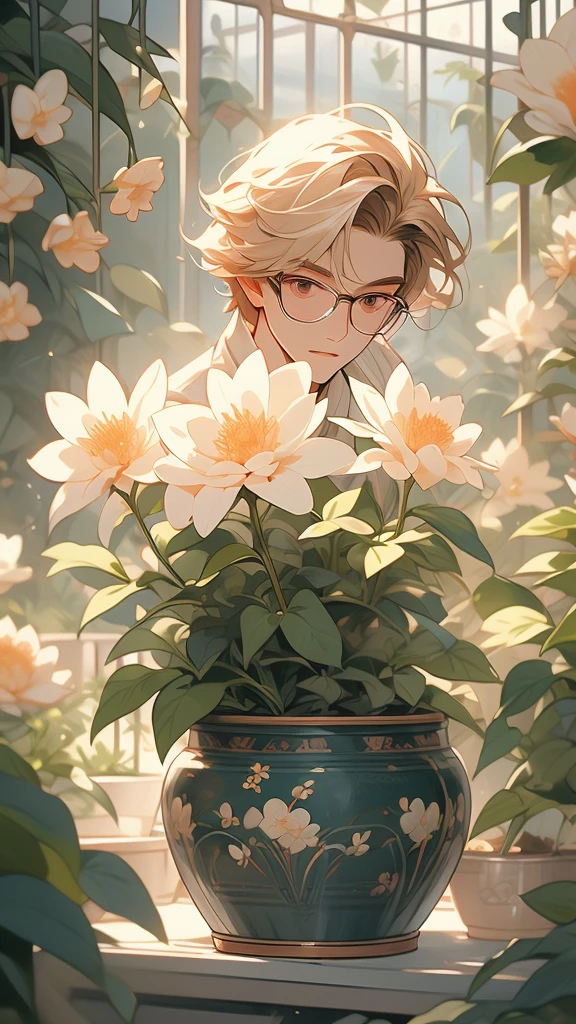 extremely delicate and beautiful, Amazing, finely detail, masterpiece, ultra-detailed, highres,best illustration, best shadow,intricate,sharp focus,  high quality, 1male, solo, blond hair. red eyes, kaveh genshin impact, glass greenhouse, flowers in pots, flowers for sale, man looking at flowers, flowers everywhere