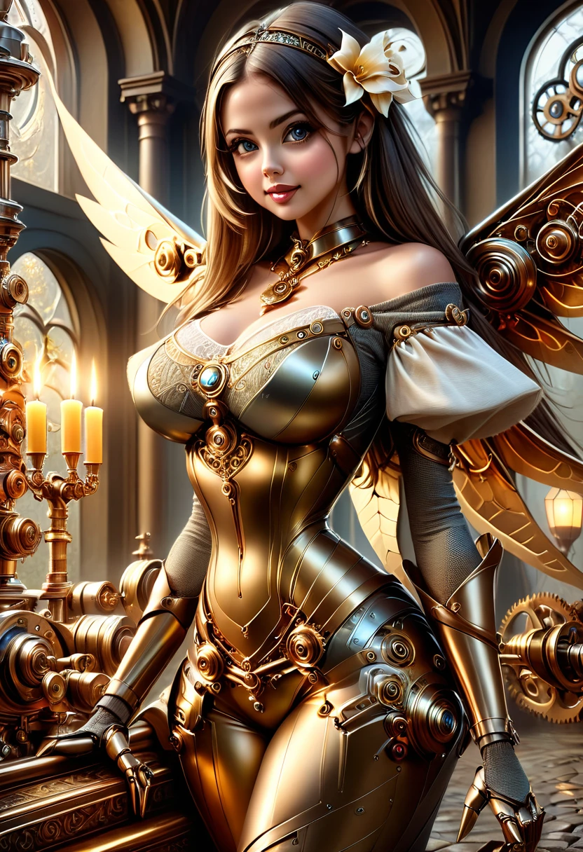 masterpiece, best quality, highly detailed, 1girl, solo, twintails, off-shoulder sweater, choker, large glasses, gold locket, jacket, hairband, looking at viewer, smile, blush, Wide Smile, Eyes Detailed & Wide, sexy Pose. Ultra HD, Rococo-Inspired Fantasy Art With Intricate Details. Cute, Charming Expression, Alluring-Gaze, looking at viewer Beautiful Eyes, An-Ideal-Figure. Large Youthful Well-Shaped-Breasts, Massive-Round-Bosom, Décolletage. slim waist, fit body, full lipsWarm lights , woman in a dreamy forest at night, with fluffy hair, delicate face, realistic, real, slim, large aperture, sexy shots, attractive poses,Stunnin gly beautiful merge of Scarlett Johanson. Alison Brie, Selena Gomez. symmetrical face, photorealistic, photography, path tracing, specular lighting, volumetric face light, path traced hairmaximum quality{(masutepiece) (8K High Resolution) (top-quality) In the style of breath of the wild.medieval monastery garden,steampunk robot monk,beautiful ornate architecture,steampunk machinery and gears,exquisite stained glass windows,enchanted flower garden,ancient stone walkway with intricate carvings,glowing candles and dimly lit atmosphere,steam and smoke billowing from the machinery,mystical atmosphere,peaceful and serene setting,mechanical wings attached to the robot monk's back,robot monk with intricate clockwork mechanisms,electromechanical eyes glowing with energy,warm golden color palette,gentle sunlight streaming through the stained glass windows,whispering sound of wind and rustling leaves,the scent of aged books and incense,notes of ancient Gregorian chants echoing in the air,sense of awe and tranquility,combination of futuristic and medieval elements,harmony of technology and spirituality. 
