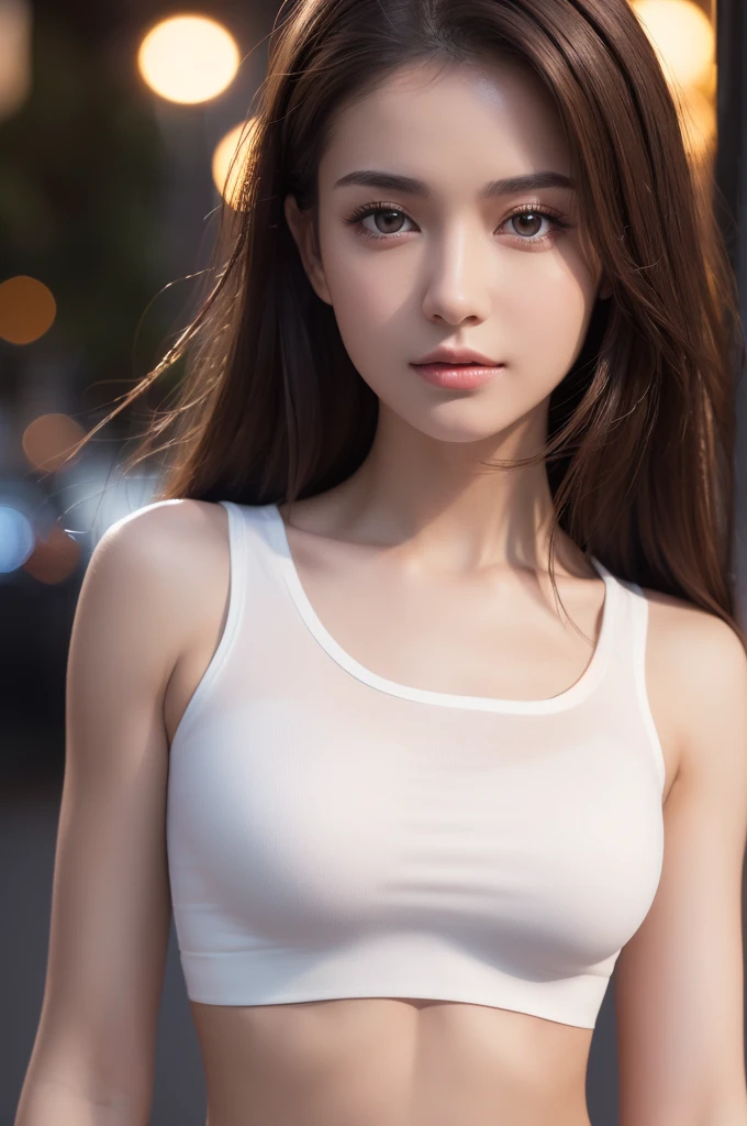 ((Realistic lighting, Highest quality, 8K, masterpiece: 1.3)), Clear focus: 1.2, One girl, Perfect figure: 1.4, Slim Abs: 1.1, ((Dark brown hair)), (White Crop Top: 1.4), (Outdoor, night: 1.1), street, Super detailed face, Beautiful Eyes, double eyelid,