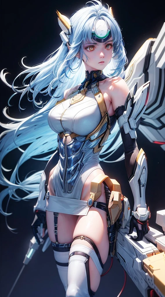 top-quality、masterpiece、超A high resolution、(Photorealsitic:1.4)、1人、Light blue hair、Straight hair, shiny and clean hair、White shiny skin、Sexy Cyberpunk Girl、((super realistic details))、Shadow、octan render、ultrasharp、hyperdetailed face、Fiberglass、Luminous tube、highly intricate detail、Realistic light、CGSoation Trends、((Golden Eyes))、(Facing the camera)、neon detailechanical limbechanical vertebrae attached to the back、mechanical cervical attaching to neck、Wires and cables connecting to the head、((valkyrie))、((Beam Cannon))、Combat stance