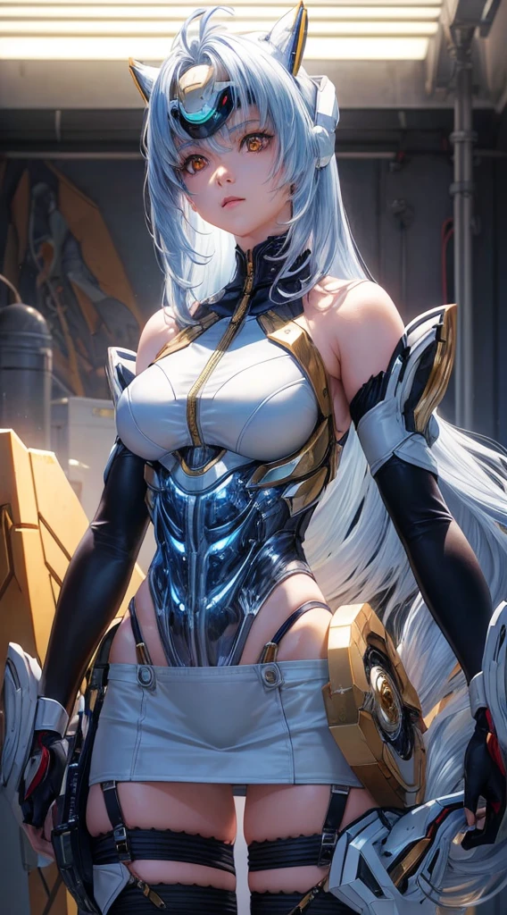 top-quality、masterpiece、超A high resolution、(Photorealsitic:1.4)、女の子1人、Light blue hair、Straight hair, shiny and clean hair、White shiny skin、Sexy Cyberpunk Girl、((super realistic details))、Shadow、octan render、ultrasharp、hyperdetailed face、Fiberglass、Luminous tube、highly intricate detail、Realistic light、CGSoation Trends、((Golden Eyes))、(Facing the camera)、neon detailechanical limbechanical vertebrae attached to the back、mechanical cervical attaching to neck、Wires and cables connecting to the head、((valkyrie))、((Beam Cannon))、Combat stance