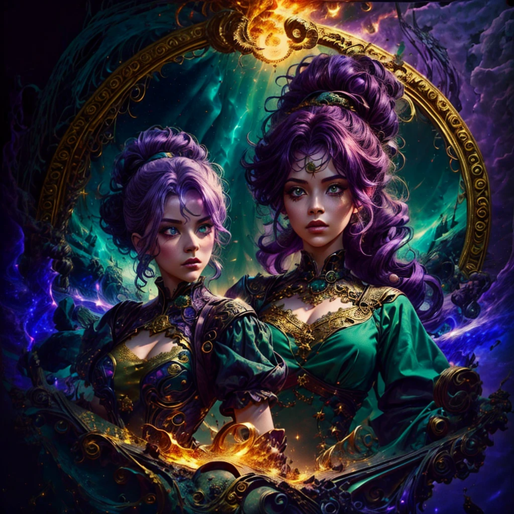 2 women with golden magic, Image background is dark, starry and full of glare with sparks of fire., 2 women with different shades of hair and eyes, 1 girl has green hair, another Meslier has lilac hair