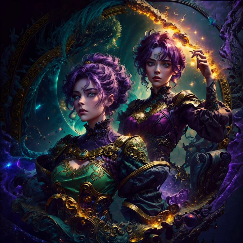 2 women with golden magic, Image background is dark, starry and full of glare with sparks of fire., 2 women with different shades of hair and eyes, 1 girl has green hair, another Meslier has lilac hair