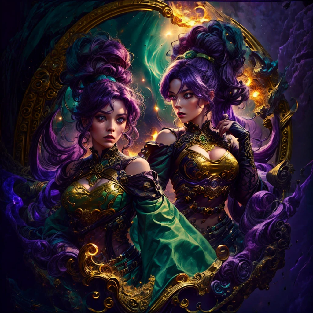 2 women with golden magic, Image background is dark, starry and full of glare with sparks of fire., 2 women with different shades of hair and eyes, 1 girl has green hair, another Meslier has lilac hair