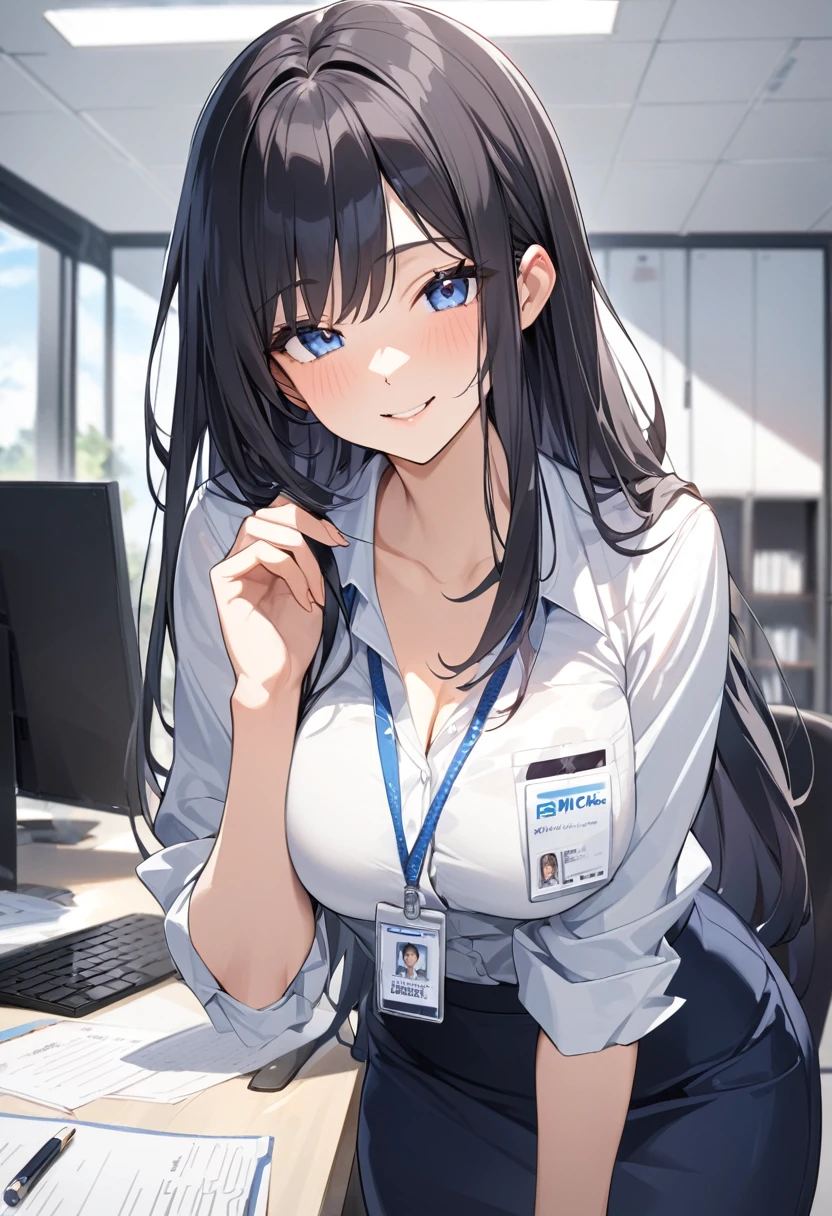 (Highest qualityのイラスト:1.2), (Black Hairの美少女:1.1), (1 girl、17 years old、Highest qualityのイラスト:1.2), (1 girl、Kind eyes、blue eyes:1.2)、((Black Hair:1.2))、Semi-long hair、(Highest quality、Very detailed、cute、Ultra-high resolution) 、Larger breasts、office lady, {Navy blue business suit、white business shirt, Navy blue pencil skirt、 pantyhose}, office、Front facing、smile、ID card hanging around neck