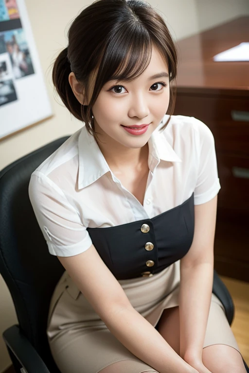 (A beautiful Japanese office lady, age 28, wearing formal White shirt with buttons & grey mini-skirt, resting in office at midnight, thoughtful expressions, kind smile, dimpled chins, cute snaggle-tooth, short bob hair ponytail, symmetrical face, realistic detailed face, beautiful detailed eyes, perfect body proportions, ample round bosoms, photorealistic, hyper-realism, high contrast, ultra HD, realistic skin textures, top image quality, top-quality, super high resolution, fine details, very meticulously, masterpiece, head to knees, High Angle Shot, bokeh background)