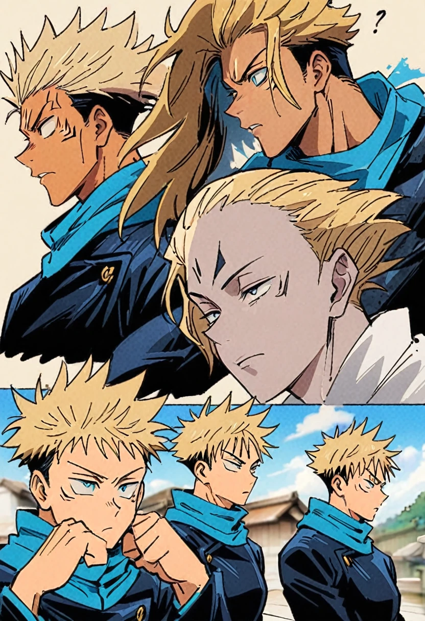 Japanese teen tan boy blonde shoulder length hair jujutsu kaisen art style. Gege akutami art style, blue bandana, , tan skin, 
