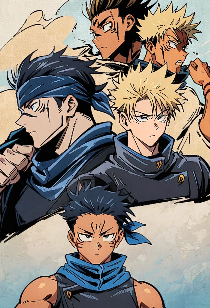 Japanese teen tan boy blonde shoulder length hair jujutsu kaisen art style. Gege akutami art style, blue bandana, , tan skin, 
