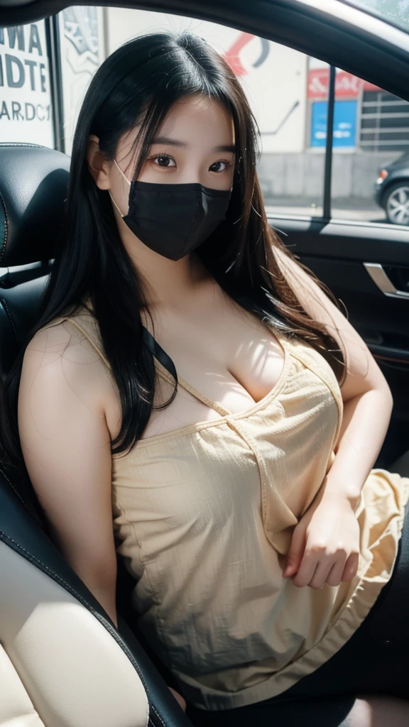 Draw a picture of a rather plump young Asian woman with long, wavy, dark brown hair. She wore a black face mask and a brown blouse that showed a little cleavage. This woman was standing next to the car with the door closed but the car window open, looking down slightly with one hand leaning on the door and the other holding her cell phone. The angle of this photo is from inside the car, showing the view from the side of the car door towards the woman. The background is nighttime with dim lighting, and there is some graffiti or murals on the wall behind the woman.