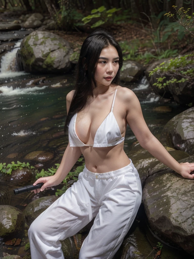 full body Thai woman 25 years old beautiful face, large, sharp eyes, shoulder length hair, upturned nose, tan skin, narrow waist. Wearing dark blue hiking pants with a rifle by the stream in the background.:The forest has a flowing waterfall, and on the side there is a wide square with rocks.