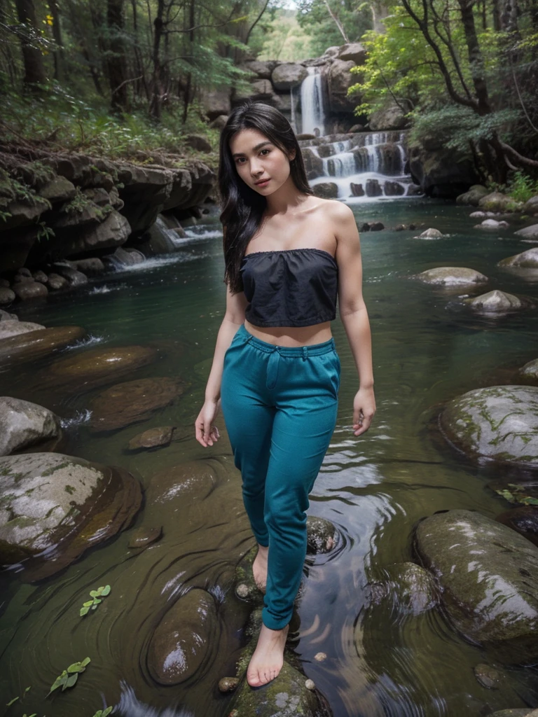 full body Thai woman 25 years old beautiful face, large, sharp eyes, shoulder length hair, upturned nose, tan skin, narrow waist. Wearing dark blue hiking pants with a rifle by the stream in the background.:The forest has a flowing waterfall, and on the side there is a wide square with rocks.