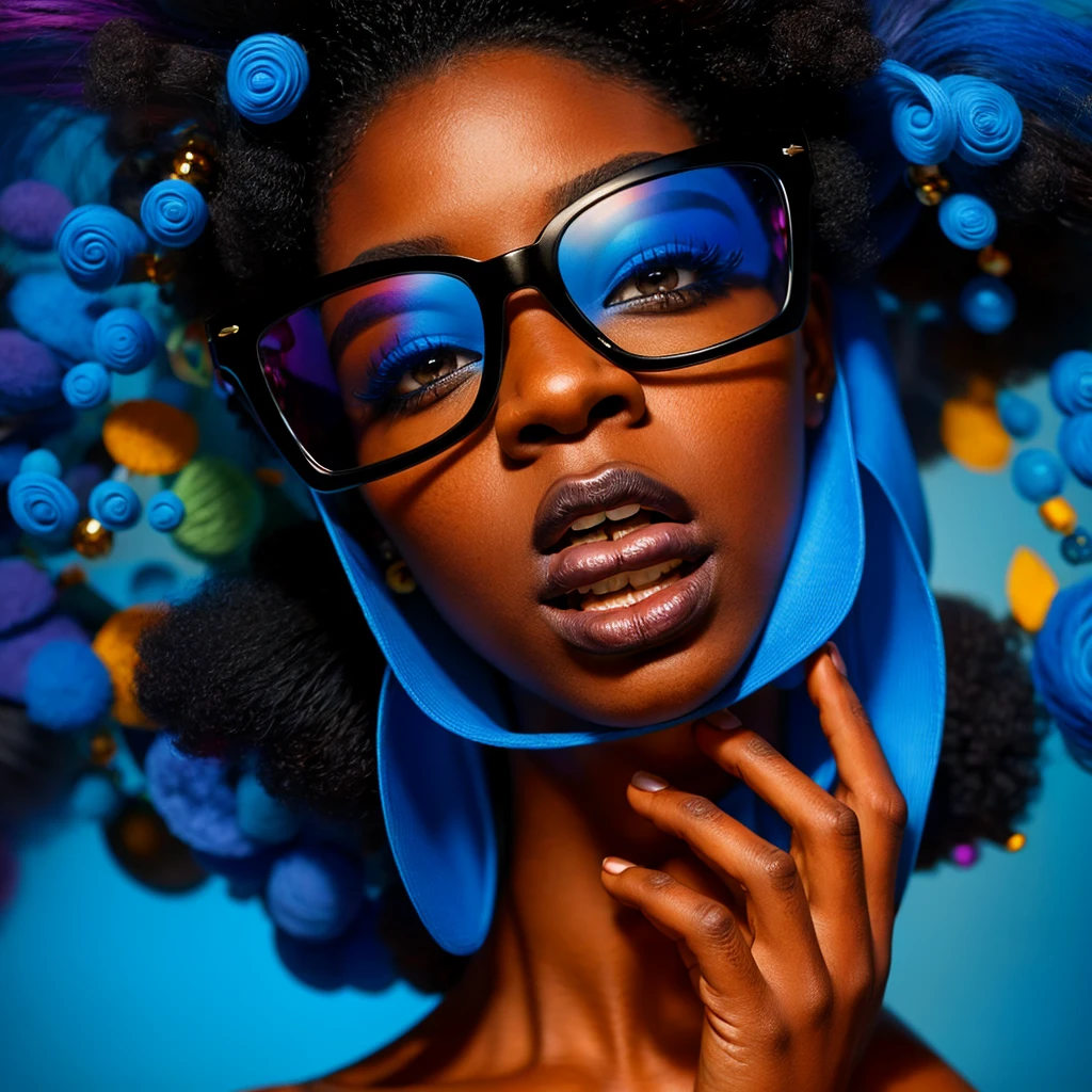 Beautiful black woman with afro hair for advertisement of stylish blue-framed glasses, swirly vibrant colors, hyper realistic art in 4k, hyper realistic hair