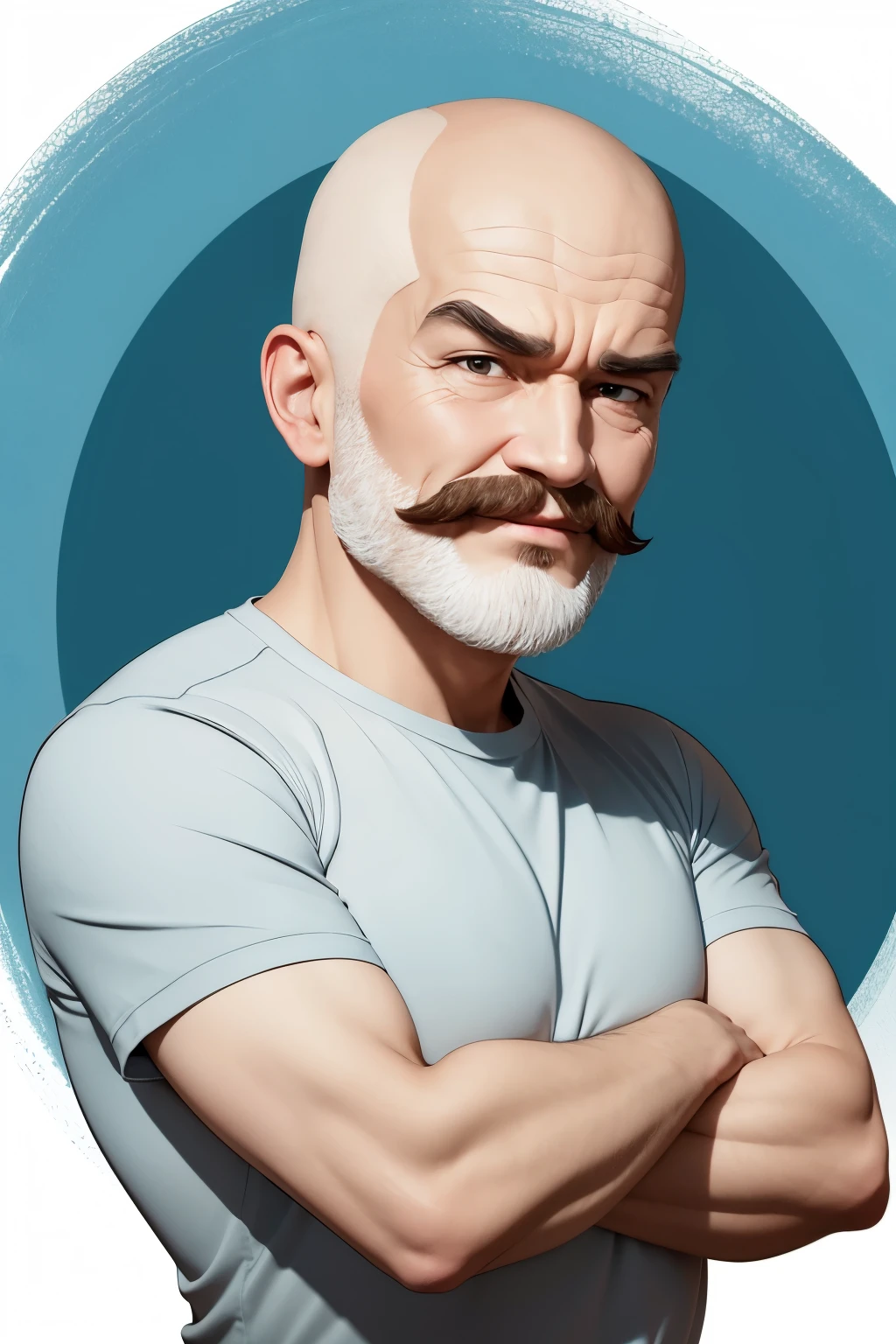create a cartoon character for advertising,this character must be elderly with baldness but with hair on the side of his head
,must have a small mustache and must also have his arms crossed