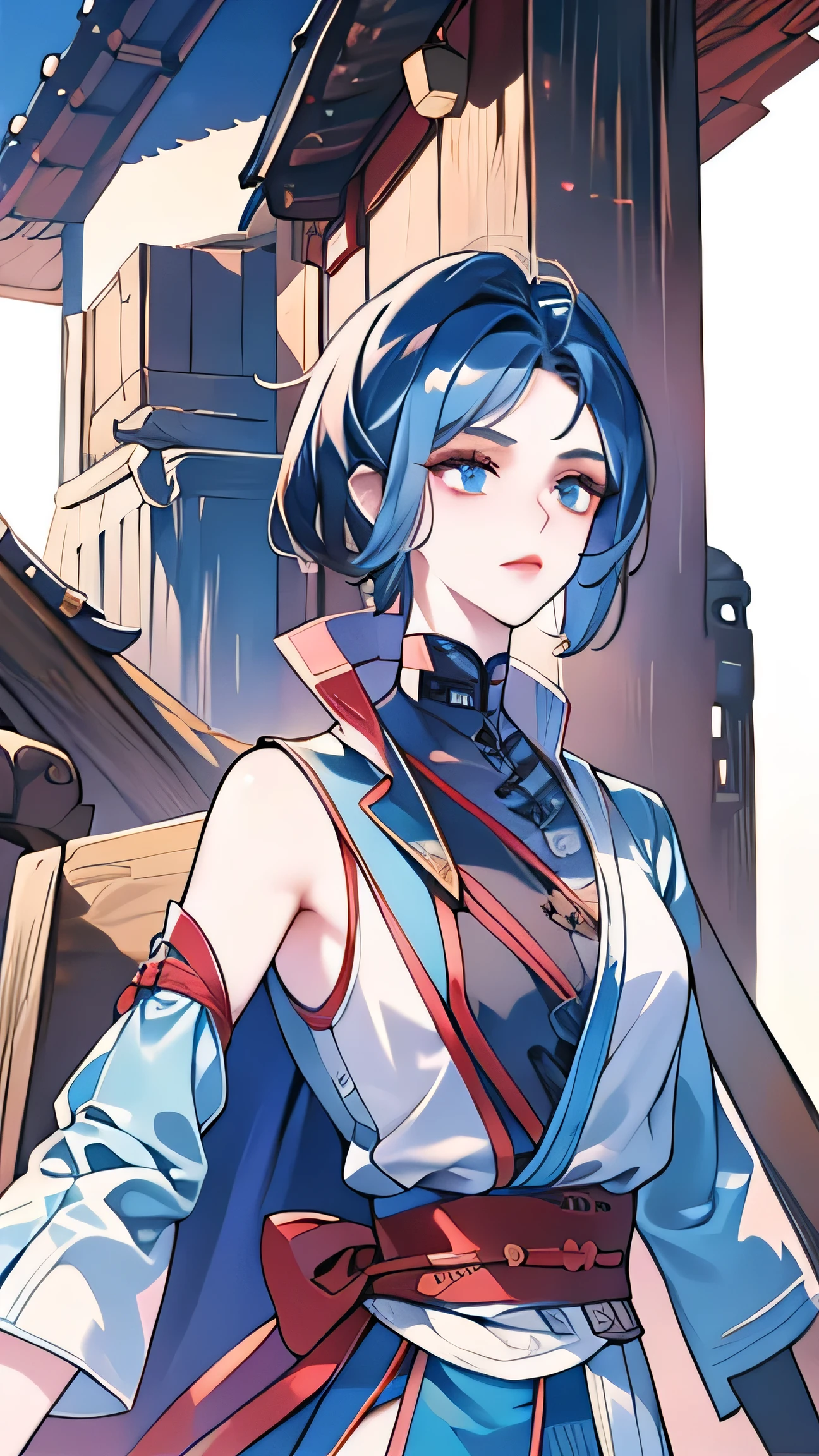 Masterpiece, Best quality, 1 Ji Ruxue, the expression is cold, strong, blue eyes, short hair, wolfcut hairstyle, smoky mix blue color hair, resolute eyes, red lips, simple Taoist Taoist uniform, Chinese mix morden, frontal photo, black or white background, simple background, anime, illustration, Chinese style short-sleeved shirt, cool girl, Fullbody