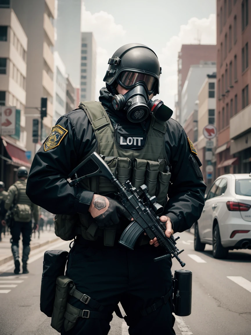 1 man, shot of swat officer, wearing black uniform, (gas mask:1.2) and black helmet, armor vest, black leather gloves, strong, mighty, (free hands:1,2), (full length:1.3), warzone