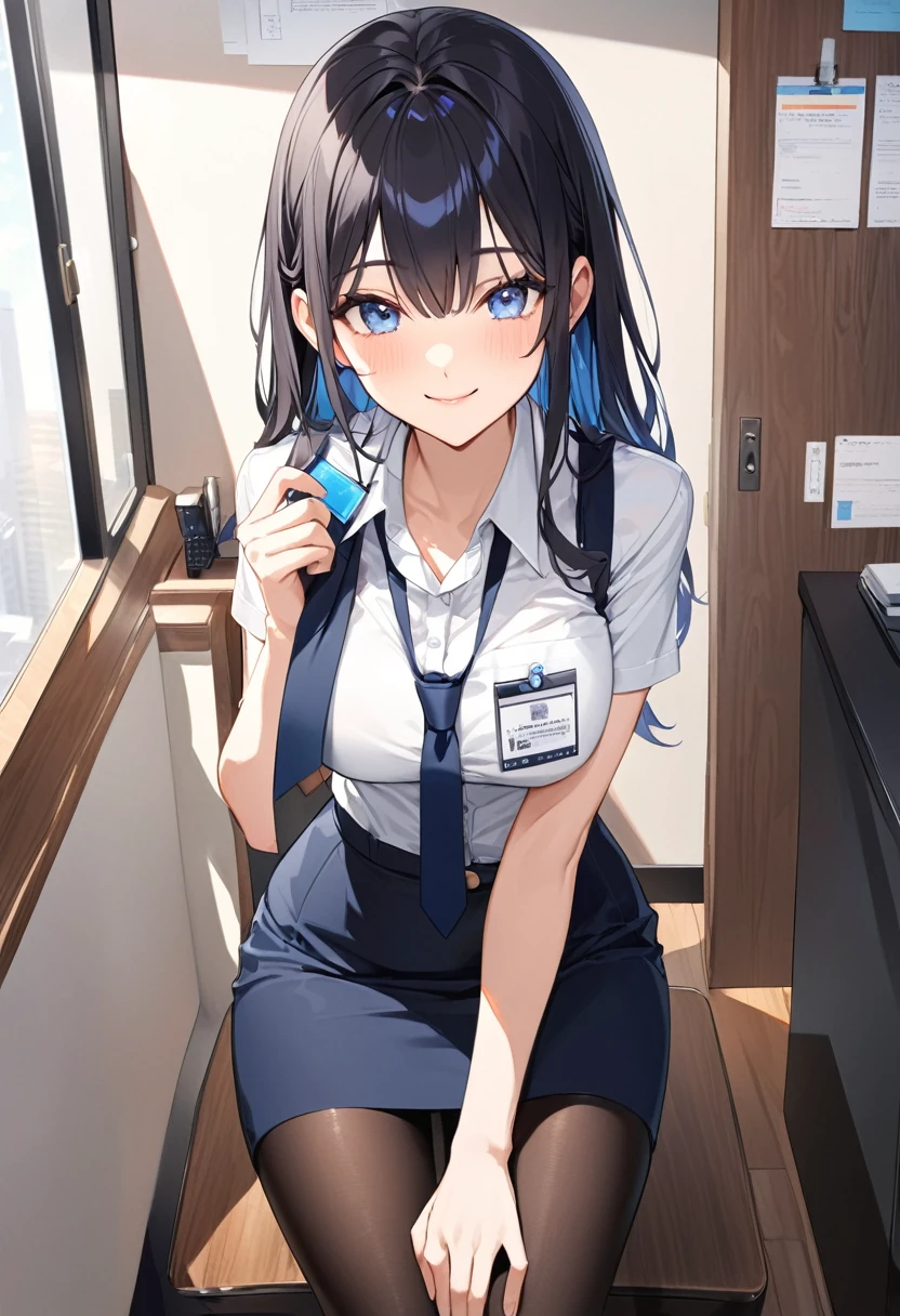 (Highest qualityのイラスト:1.2), (Black Hairの美少女:1.1),Simple Background、White background、 (1 girl、、Highest qualityのイラスト:1.2), (1 girl、Kind eyes、blue eyes:1.2)、((Black Hair:1.2))、Semi-long hair、(Highest quality、Very detailed、cute、Ultra-high resolution) 、Larger breasts、office lady, {Navy blue business suit、white business shirt, Navy blue pencil skirt、 pantyhose}, office、Front facing、smile、ID card hanging around neck