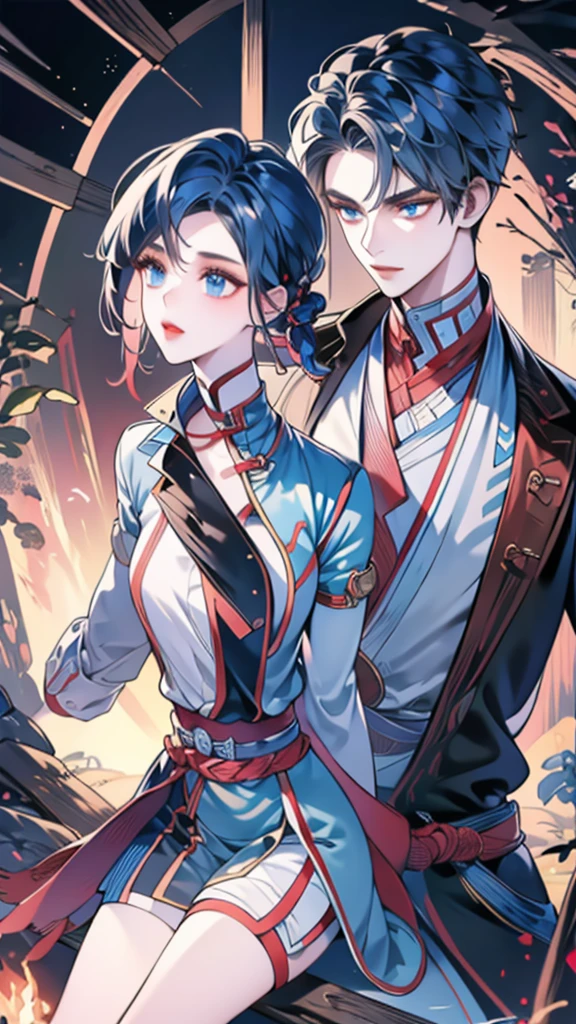 Masterpiece, Best quality, 1 Ji Ruxue, the expression is cold, strong, blue eyes, short hair, wolfcut hairstyle, smoky mix blue color hair, resolute eyes, red lips, simple Taoist Taoist uniform, Chinese mix morden, frontal photo, black or white background, simple background, anime, illustration, Chinese style short-sleeved shirt, cool girl, Fullbody
