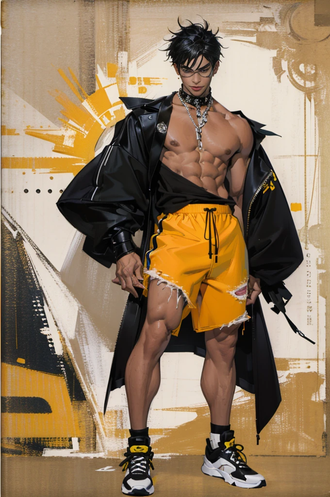 ((best quality,4K,High resolution,masterpiece:1.2)),((Character Concept Art)), 1 Male, age male, Japanese rich kids, ((black hair, Fashionable messy, topless,shorts)), black hair, (Fair skin), super fine eyes (black eye color), Hidden behind yellow sunglasses, Handsome, High target, Lean muscular body, ((intricate details)), Hand details are super fine, super fine fingers(((ten fingers))), Wearing street style clothing, Ripped jeans, oversized minimal t-shirt, high-top sneakers, (Stand confidently), Disciple, charming, outgoing, spoiled, (Full body display), (Show your whole body), (No logos on background), (No logo), ((Solid color background)), ((Solid color background)), (((Empty background)))