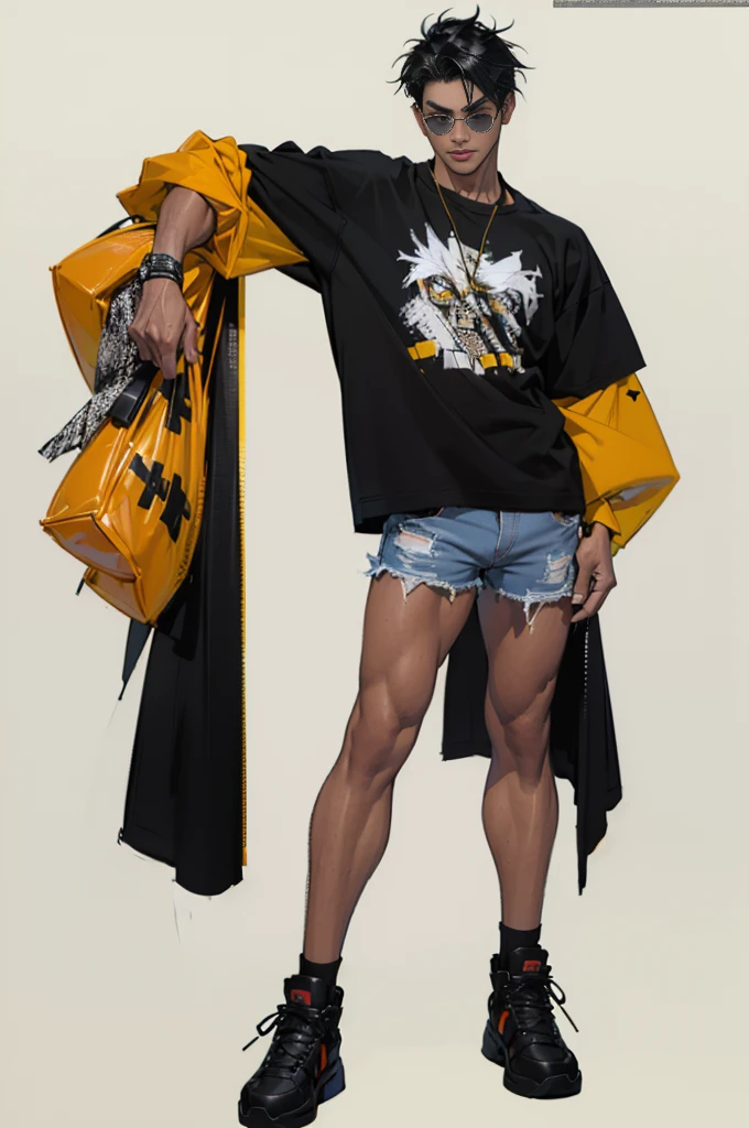 ((best quality,4K,High resolution,masterpiece:1.2)),((Character Concept Art)), 1 Male, teenage male, Japanese rich kids, ((black hair, Fashionable messy, topless,shorts)), black hair, (Fair skin), super fine eyes (black eye color), Hidden behind yellow sunglasses, Handsome, High target, Lean muscular body, ((intricate details)), Hand details are super fine, super fine fingers(((ten fingers))), Wearing street style clothing, Ripped jeans, oversized minimal t-shirt, high-top sneakers, (Stand confidently), Disciple, charming, outgoing, spoiled, (Full body display), (Show your whole body), (No logos on background), (No logo), ((Solid color background)), ((Solid color background)), (((Sky background)))