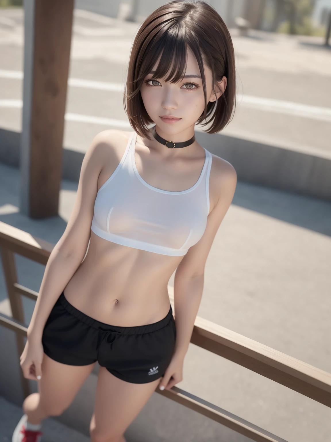 (RAW photo:1.2),(photorealistic:1.4),(masterpiece:1.3),(best quality:1.4),ultra high res,
HDR,8k resolution,
dreamlike,
check commentary,commentary request,scenery,((no text)),
solo focus, (full body),
(detailed eyes),(detailed facial features), (detailed clothes features),
skin tight, (shiny skin),(slender girl),(slim girl),
(1girl,solo),VirtualGirl-Rin, happy, smile, (small breasts), bangs, bob hair, short hair, brown hair, brown eyes, black choker,
university student, , white high school sportswear,red sports shorts,sneakers,