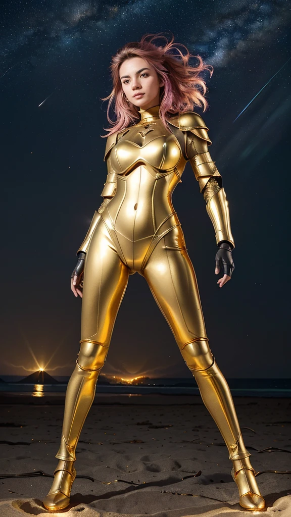 ((best quality)), ((masterpiece)), (ultra detailed lights), ((full body:1.3)), ((skinny body)), 1girl, extremely beautiful, ((slim body)), thighs gap, ultra face details, 20 years old, ((pink curvy-hair)), ((hair blown by strong winds :1.3)), Award-winning photograph, ((symmetrical pose)), ((full body golden black armor)), posing in the middle, intricate details, ((thight golden armour)), ((extremely details armor)), ((tight latex pants)), ((24k-gold armor)), ((edge luminous armor)), cameltoe, luminescent, epic lights reflections, at beach, full of stars, orange clouds, nebula sky, epic aurora borealis in the background, shooting stars, ((from below))