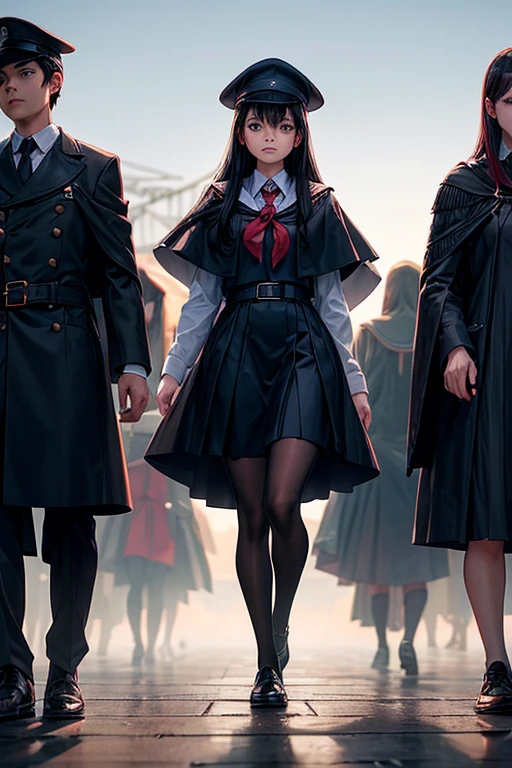 A woman with long black hair wearing a stand-up collared , cap, and cloak leads a group of students in stand-up collared school uniforms, caps, and cloaks in an old student town in the early morning before dawn and fog remains.