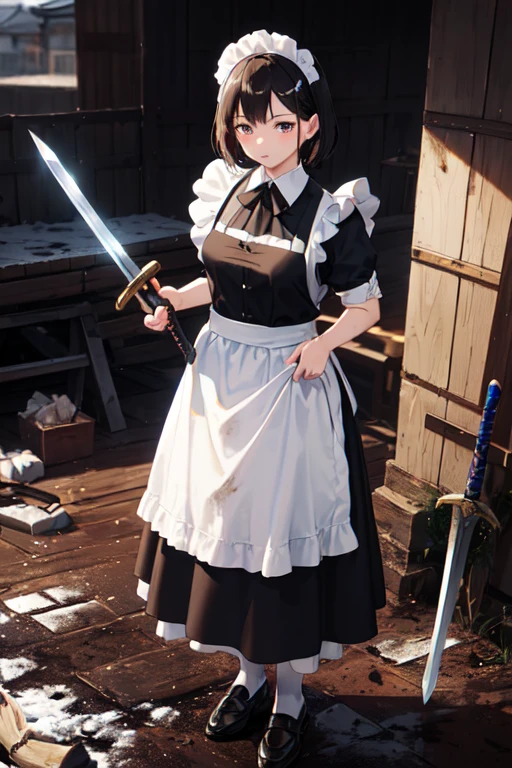 (((Highest quality))), ((masterpiece)), (((detailed))), (((Attention to detail))), ((High resolution))girl, cute, Slightly longer bob hair, (Maid clothes, White apron, Black and white classic), Small breasts, Holding a big sword, Fighting, Sword and Magic, Burning Battlefield, (Holding a large sword in both hands), (One sword), protect the castle, Facing a formidable foe, Oblique angle, (Maid clothesのスカートは千切れているquality:1.6), (The apron is also torn.:1.6), (EffectThe whole body is dirty with mud and soot.:1.6), (Effect: Body is dirty with soot and mud.:1.6), (EffectMaid clothesが煤と泥で汚いquality:1.6), (The apron is also dirty with soot and mud..6), Slashing, Tattered, 