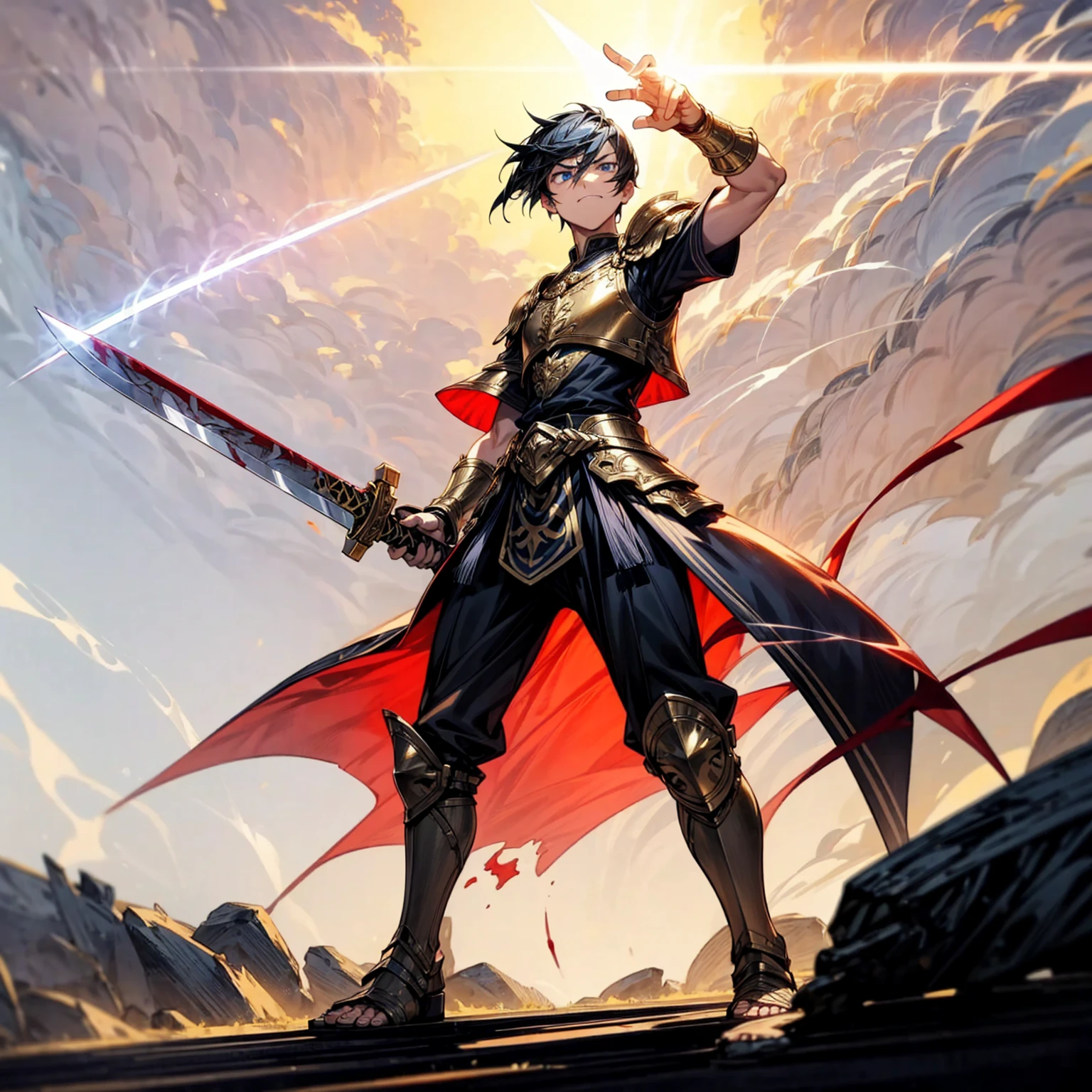 1boy, Full body version, blue eyes, undercut hair, black colour hair, angry expression, gladiator clothing, short sleeve shirt, gladiator skirt, gold armor body, bodybelt, gladiator sandals, Spatha sword in hand, (battle gesture), Grassroots background in war, smoke, silhouette of sunlight, glare of sunlight behind, blood on face, blood on armor, blood on hand, full of background light, fire, burning fire, lighting fire, lighting sword, lighting gold, lighting sword, smoke, (motion blur, plasma)