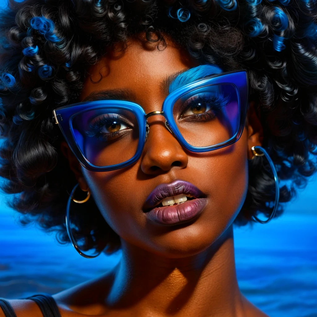 Beautiful black woman with afro hair for advertisement of stylish blue-framed glasses, swirly vibrant colors, hyper realistic art in 4k, hyper realistic hair