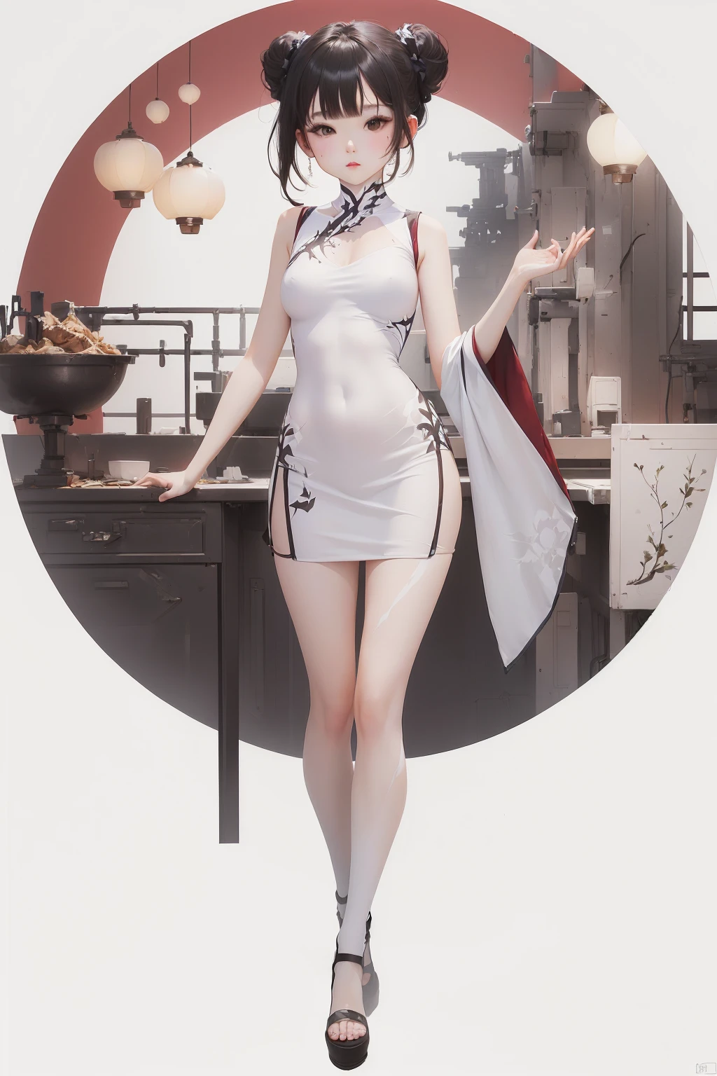 Pure white background,Full body painting,sleeveless