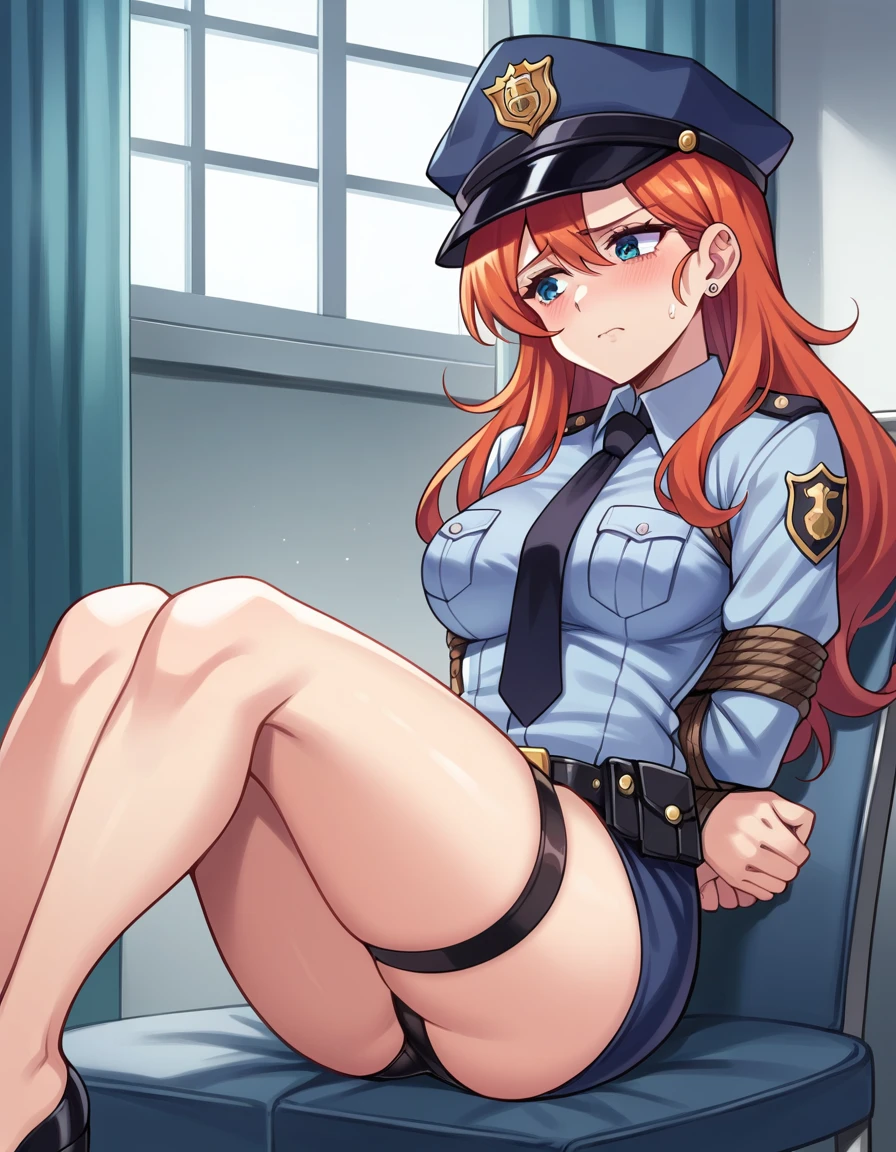 There is a woman in a police uniform, official, police official, (Yoshida Yuuko), sad police, Attire: cop, redhead woman, yoshida yuuko wearing a police uniform, high resolution commission, sheriff woman, Lois van Baarle y Rossdraws, bottomless, leotard blue, bare legs, sitting on a chair, (((his hands are behind his body)),((The whole body is tightly bound.)) in jail, tapegag,