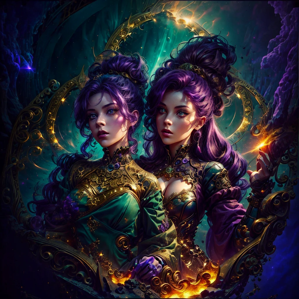 2 women with golden magic, Image background is dark, starry and full of glare with sparks of fire., 2 women with different shades of hair and eyes, 1 girl has green hair, another Meslier has lilac hair
