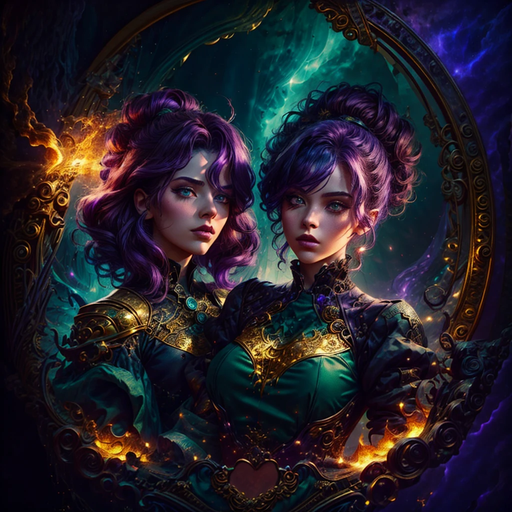 2 women with golden magic, Image background is dark, starry and full of glare with sparks of fire., 2 women with different shades of hair and eyes, 1 girl has green hair, another Meslier has lilac hair