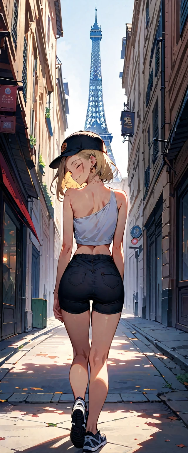 (masterpiece, best quality:1.2), full body shot, solo, Android 18 from Dragon Ball, ((slip-on one-shoulder crop top)), (light gray top:1.2), no jacket, (short sport shorts), small breasts, short blonde hair loose, ((close eyes)), earrings on earlobes, slender feminine figure, narrow waistline, skinny body, (plane black cap), (cap without logo), newbalance shoes, sky, head tilt, looking at viewer, light blush, shot from behind, looking back, back view, arms behind back, walking, the Eiffel Tower, outside, natural lighting and shadows, magnificent view, blur background, 4K, open mouth, smile, beautiful butt,