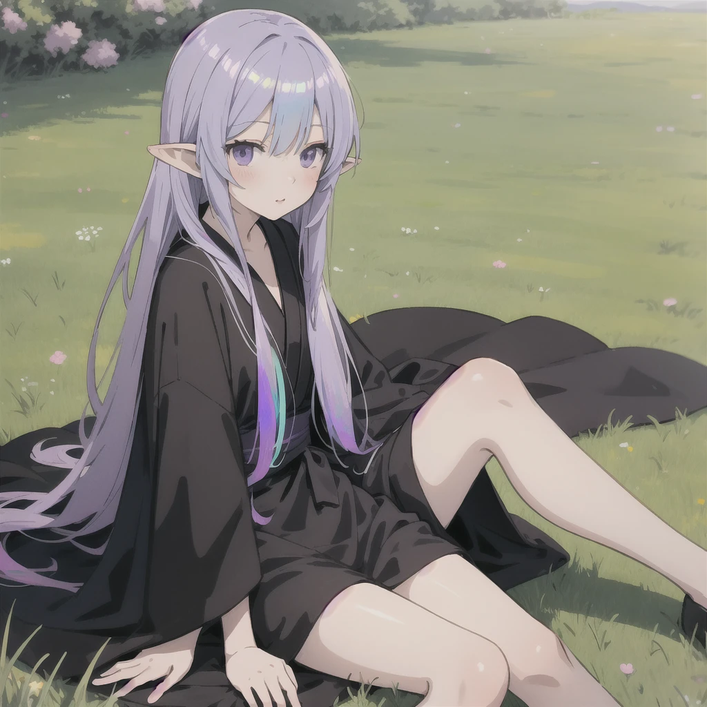 anime girl long purple hair wearing a black Robe. she has pointy ears. Manga kawaii. iridescent ,An illustration, 0ne person .Sitting in the grass, hair blowing in the wind