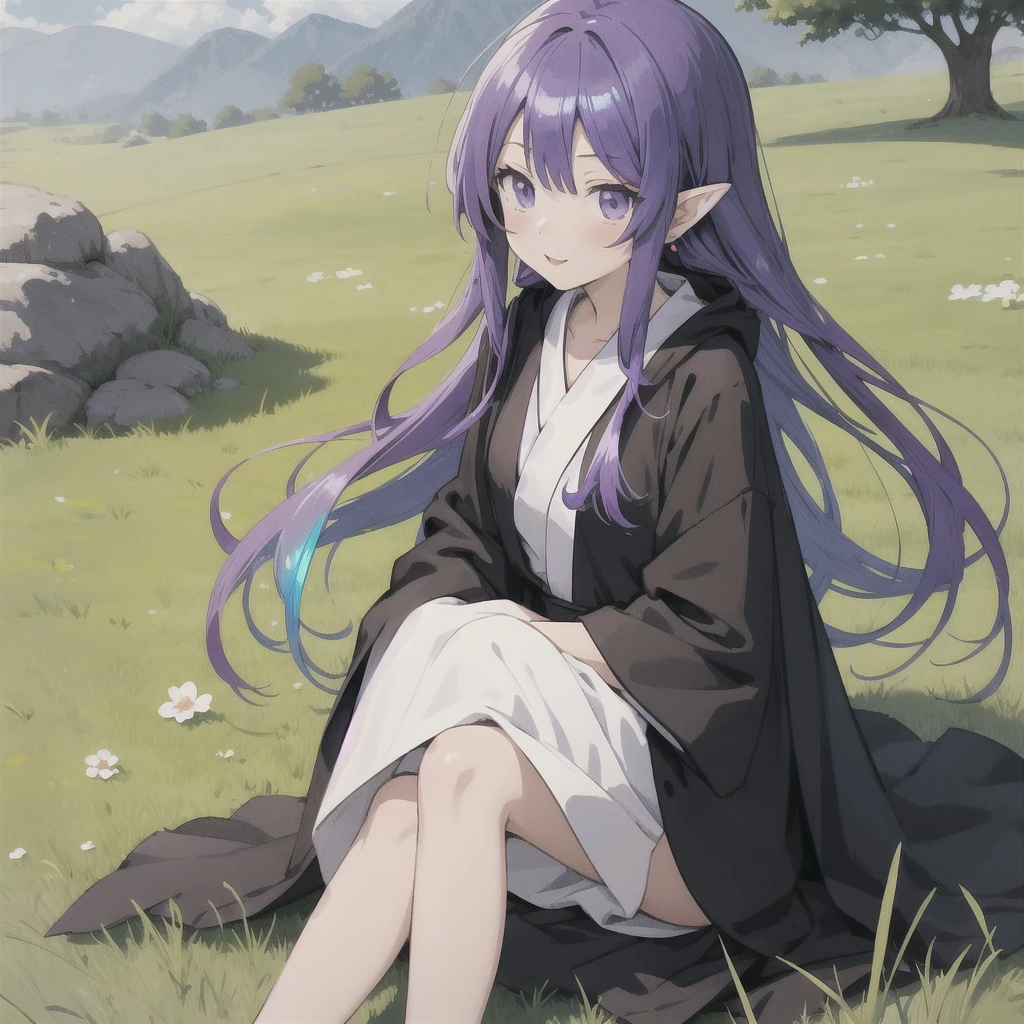 anime girl long purple hair wearing a black Robe. she has pointy ears. Manga kawaii. iridescent ,An illustration, 0ne person .Sitting in the grass, hair blowing in the wind