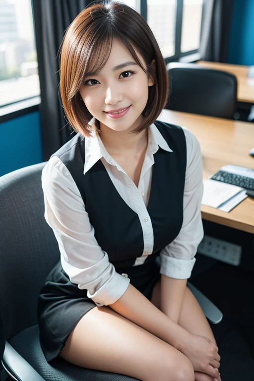 (A beautiful Japanese office lady, age 28, wearing formal White shirt with buttons & grey mini-skirt, working in office with glass windows midnight, thoughtful expressions, kind smile, dimpled chins, cute snaggle-tooth, short bob hair ponytail, symmetrical face, realistic detailed face, beautiful detailed eyes, perfect body proportions, ample round bosoms, photorealistic, hyper-realism, high contrast, ultra HD, realistic skin textures, top image quality, top-quality, super high resolution, fine details, very meticulously, masterpiece, head to knees, High Angle Shot, bokeh background)