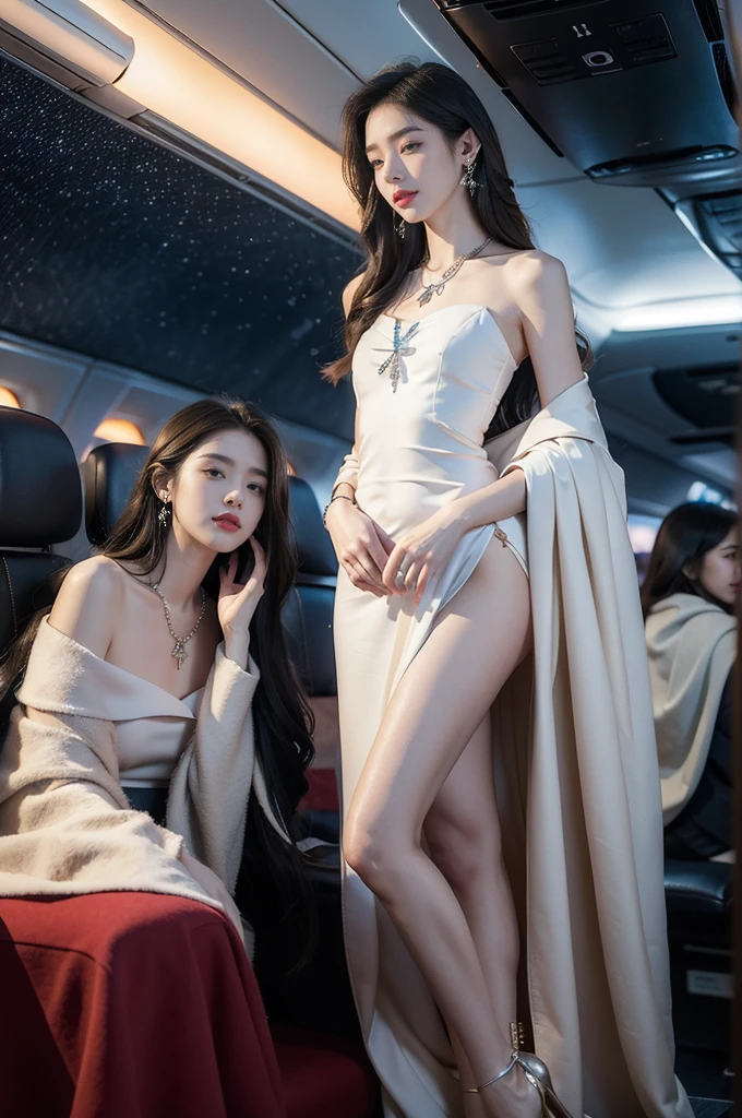 (((best quality))),(((ultra detailed))),(((masterpiece))),illustration,(a beautiful girl,female passenger,solo),(parted red lips),((slim,thin,small breasts,flat chest)),((earrings,crystal necklace)),(slender legs:1.2),summer night,((in airplane,economy class,indoor)),(blanket over shoulders:1.3),((dress)),(shoulder length straight bob hair:1.2),stars,moonlight,smooth flight,engine sound,lullaby,relaxed,excited,laughing,visiting family,comfortable seats,soft fabric,headrests,adjustable,beauty of night sky,dimmed lights,sleeping passengers,movies,personal screens,staying awake,magic of sky,joy of being with family,memorable journey,adventures,(surrounded by crowded crowds:1.3),(Outside the window is high-altitude night view:1.2),((standing,arms behind back,from front,full body))