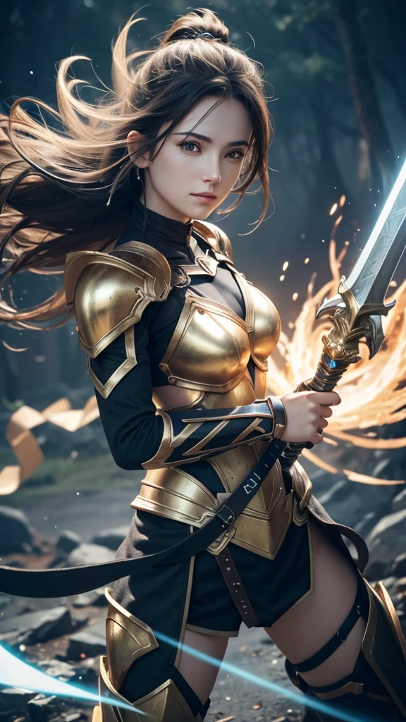 Reloaded Warrior，Lightning is charged、The entire body is covered in thick golden armor.，A giant sword with both hands on the ground，The blue spinning sword energy overflowed.，，Blood，Depth of written boundary，Dynamic Blur，highlight，Real Light，Ray Tracing，OC Rendering，Surreal，Highest quality，8K，Masterpieces，Ultra-fine，More about pubic hair，Correct Anatomy，Sharp focus on the eyes，Bokeh，The facial features are carefully drawn