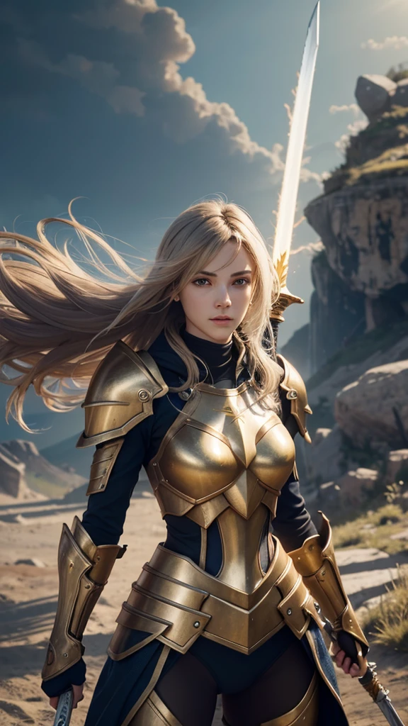 Reloaded Warrior，Lightning is charged、The entire body is covered in thick golden armor.，A giant sword with both hands on the ground，The blue spinning sword energy overflowed.，，Blood，Depth of written boundary，Dynamic Blur，highlight，Real Light，Ray Tracing，OC Rendering，Surreal，Highest quality，8K，Masterpieces，Ultra-fine，More about pubic hair，Correct Anatomy，Sharp focus on the eyes，Bokeh，The facial features are carefully drawn